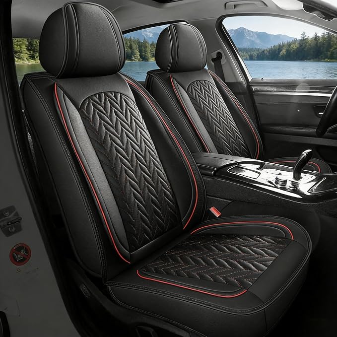 SCITOO Car Seat Covers Full Set Leather Fits for Ford F150 F250(Black&Red) | Waterproof Premium Nappa Leather Car Seat Covers,Airbag-compatible,Full Protection,Easy to install ,Fits for 15-24 For Ford