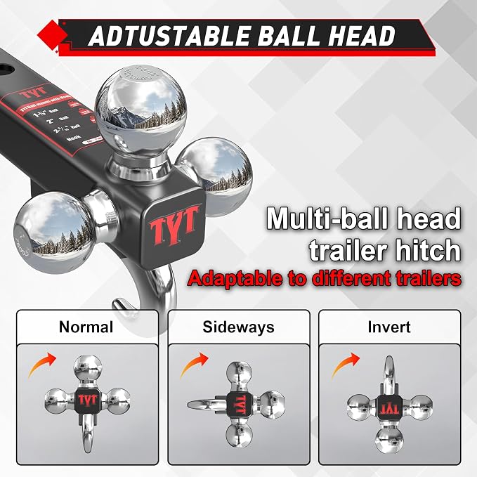 TYT Trailer Hitch Tri Ball Mount with Tow Hook,Fits 2 inch Receiver,1-7/8", 2", 2-5/16"Ball,10,000 lbs GTW,1,000 lbs TW,with Hitch pin