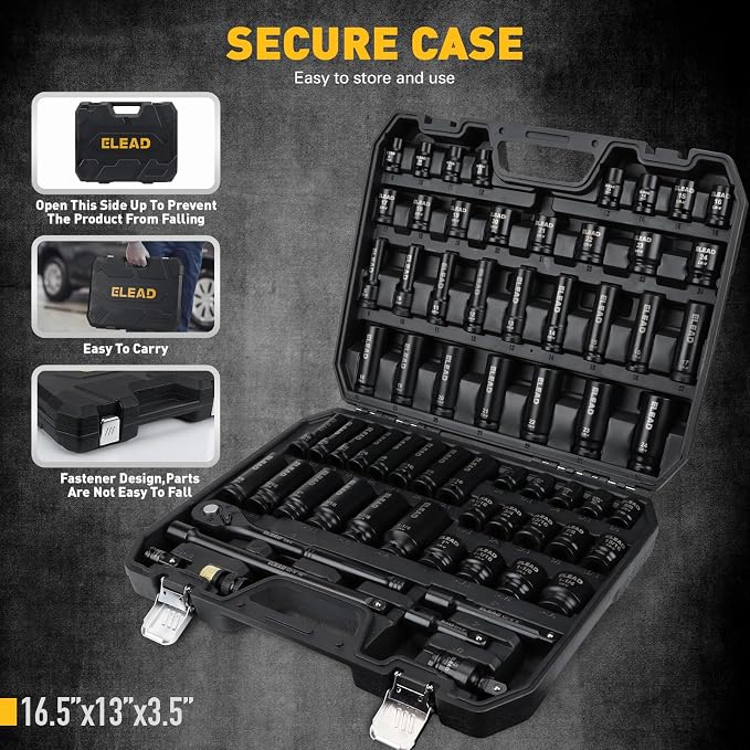 ELEAD 67 Piece 1/2" Drive Deep Impact Socket Set: Standard SAE (3/8"-1-1/4") & Metric (8-24 mm), Including 3 ", 5", 10" Extension Bar, Universal Joint, Ratchet Handle and Adapter
