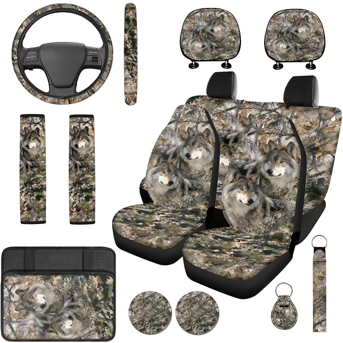 Bulopur Wolf Camo Hunting Vehicle Seat Covers Full Set with Steering Wheel Cover Comfortable Armrest Pad Easy to Install Car Seat Belt Covers 14 PCS Automotive Interior Decor Set