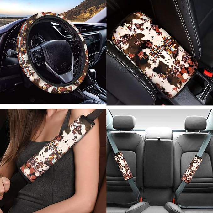 Southwestern Aztec Cow Print Car Seat Covers Full Set Brown Cow Car Accessory Universal Fit Front and Split Bench Rear+Steering Wheel Cover+Seatbelt+Key+Center Console Armrest Pads for Cars