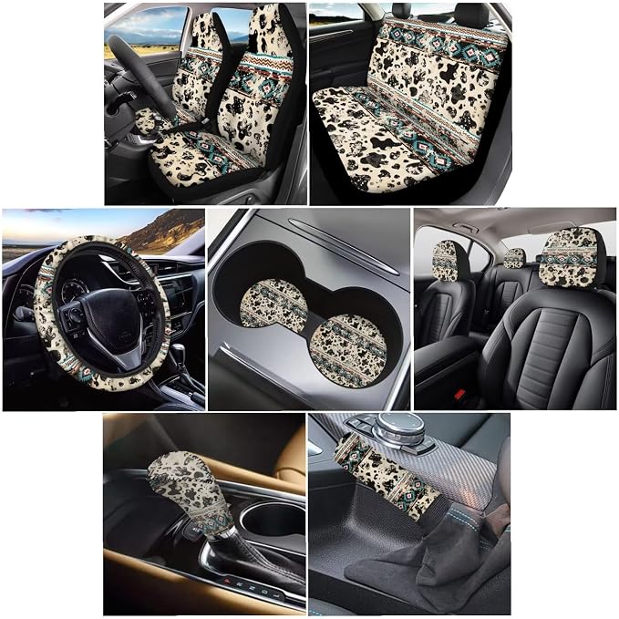 Wanyint Aztec Cow Print Retro Car Seat Cover for Front Back Seat Full Set Auto Steering Wheel Cover, Shift Knob Handbrake Covers, Coasters, Hedrest Cover Car Interior Accessories Protector