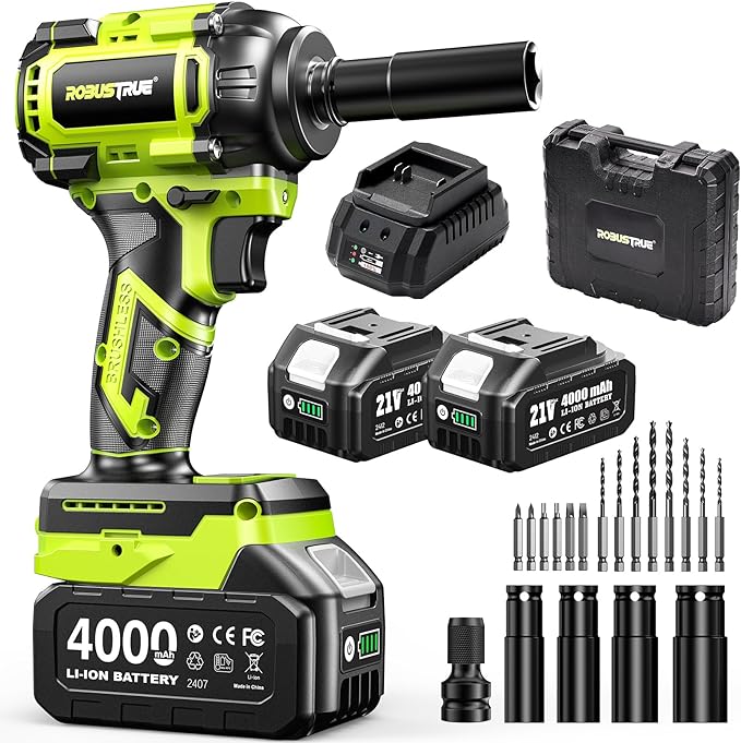 Robustrue Cordless Impact Wrench, 590Ft-lbs (800N.m) Brushless 1/2 inch, 2800RPM High Torque Impact Gun, 2x 4.0Ah Battery, Charger, 4 Sockets, Electric Impact Wrench for Car Home