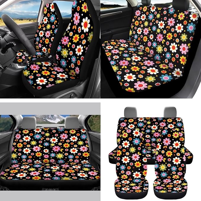 Colorful Floral Car Seat Covers Full Set for Women Cute Car Accessories Interior Car Steering Wheel Cover Seatbelt Covers Trash Bin Rear View Mirror Cover Cup Holders Keychain
