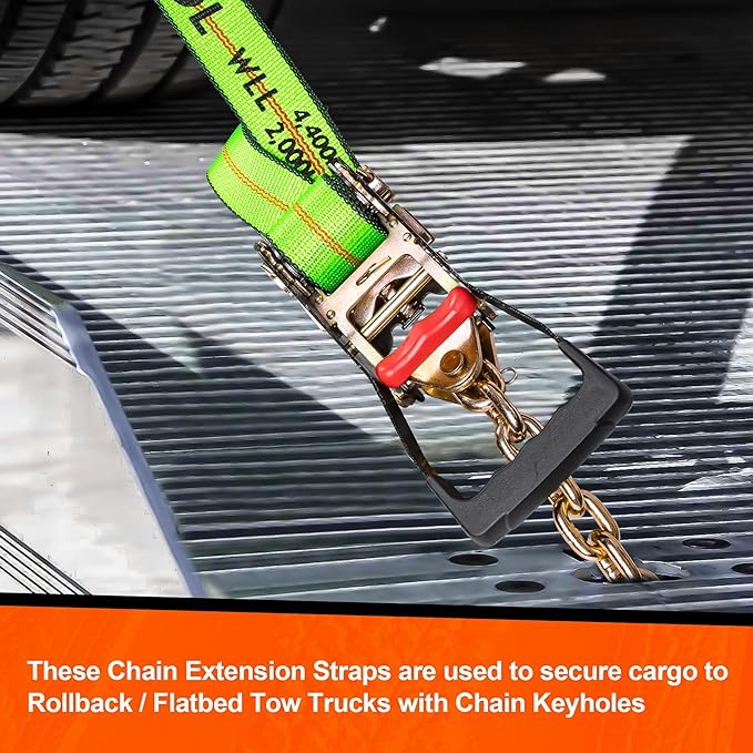 2" x 16' Tie Down Strap with Chain Extension Ends,4pack,Car Trailer Tie Down Straps,Replacement Strap for 8 Point Roll Back Vehicle Tie Down Kit,Tow Truck Accessories