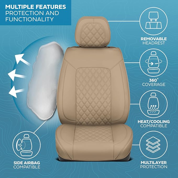 MotorBox Haven Series Napa Leather Seat Covers for Cars, Lux Edition Diamond Stitched Front Seat Covers, Premium PU Leatherette Beige Car Seat Covers for Cars Trucks SUVs