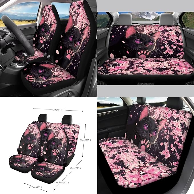 Cat Print Automotive Seat Covers Full Set of 15 Cherry Blossom Print Front Rear Seat Cover Steering Wheel Cover Safety Belt Pads Garbage Bag Car Air Vent Organizer Cup Cushions