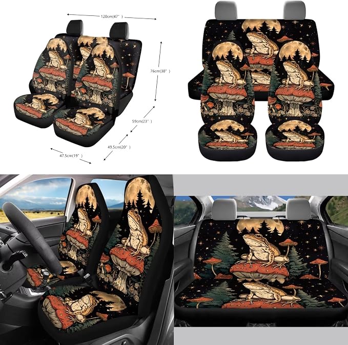Frog Moon Mushroom Forest Pattern Auto Seat Covers Full Set, Car Interior Decor Set of 10 Steering Wheel Cover Cup Coasters Car Trash Can Air Vent Pounch Bag Keychain Universal Fit Most Cars
