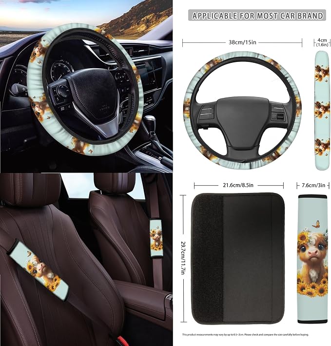 Cow Sunflower Butterfly Print Car Seat Cover Set Steering Wheel Cover Seatbelt Strap Pad Cup Coasters Air Vent Storage Holder Garbage Cans Rearview Mirror Covers Key Chain, 15 Pack