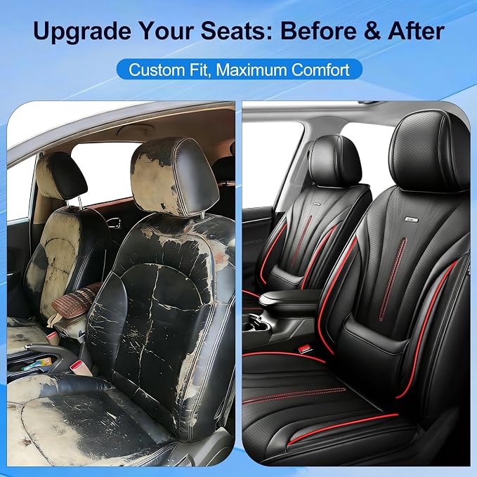 Fit XTS Car Seat Covers (Front Pair) for Cadillac XTS 2013-2019 - Premium Full Coverage Leather, Airbag Compatible & Scratch-Resistant, Waterproof, All Weather Seat Protector, Black+Redline