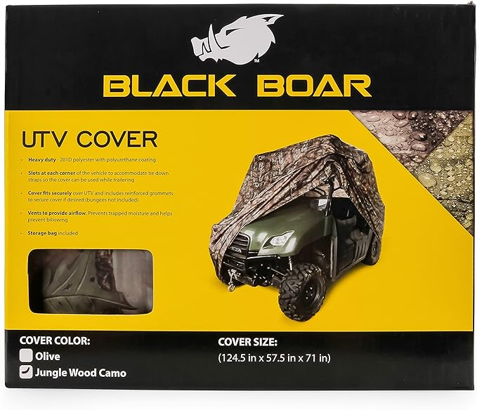 Black Boar UTV Cover - Features Waterproof Polyurethane Coating for Protection Against The Weather - Reinforced Grommets & Side Vents - Includes Storage Bag - Jungle Camo (66023)