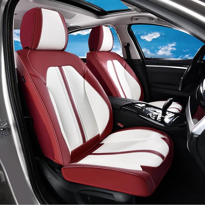 Huidasource Red White Front Seat Cover, Luxury Faux Leather Front Car Seat Cover Front Seats, Compatible with Airbags, Cooling＆Heating, Universal Fit for Most Cars, Vans, Trucks, SUVs, Red＆White