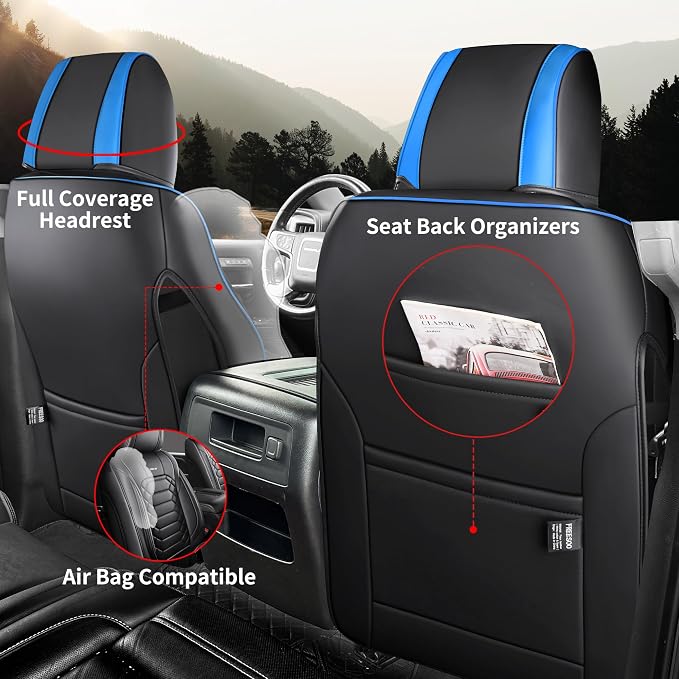 FREESOO for Silverado 2014-2018 Faux Leather Full Set Seat Covers, Fit for Chevy Silverado GMC Sierra 1500 2500 3500 Crew Cab Waterproof Truck Seat Covers BlackBlue