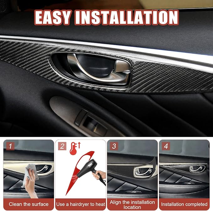 4PCS Real Carbon Fiber Door Handle Panel Trim Compatible with 2014–2024 Infiniti Q50, Interior Decor Sticker Accessories