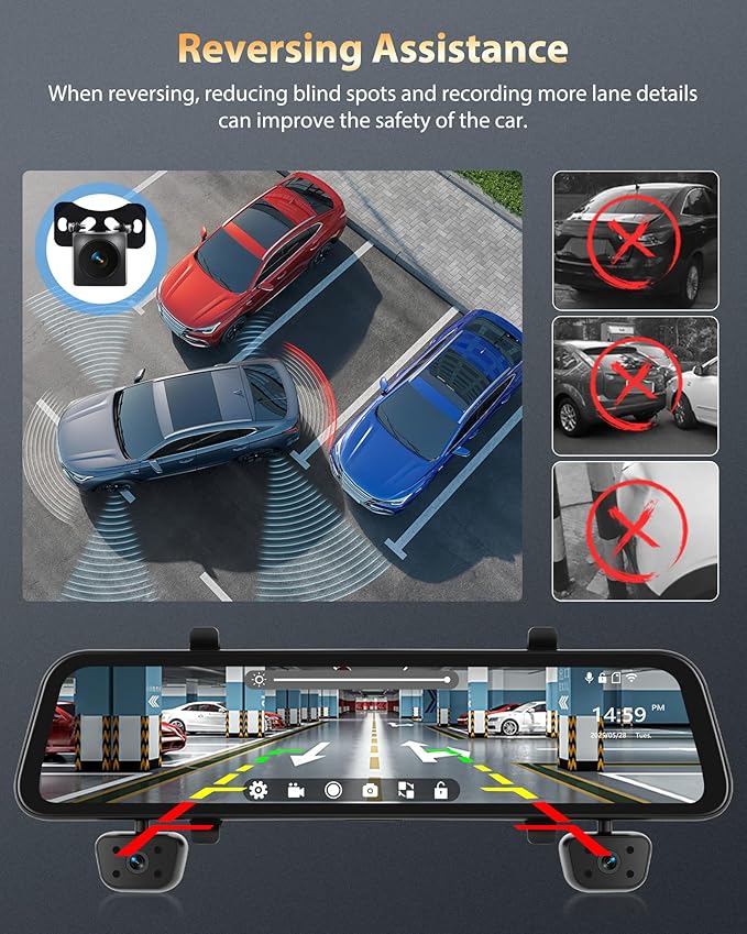 4 Channel Mirror Dash Cam 1080P Front and Rear/Inside 12’’ Touch Screen HD Rearview Mirror Dash Cam with G-Sensor GPS Parking Monitor Built-in WiFi