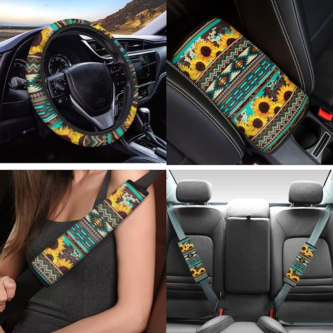 12pcs Aztec Sunflower Car Seat Cover Accessory for Women,Southwest Tribal Graphic Sunflower Car Front&Rear Bench Seat Covers,Key,15Inch Steering Wheel,Seatbelt,Armrest Pad,Auto Interior Decor