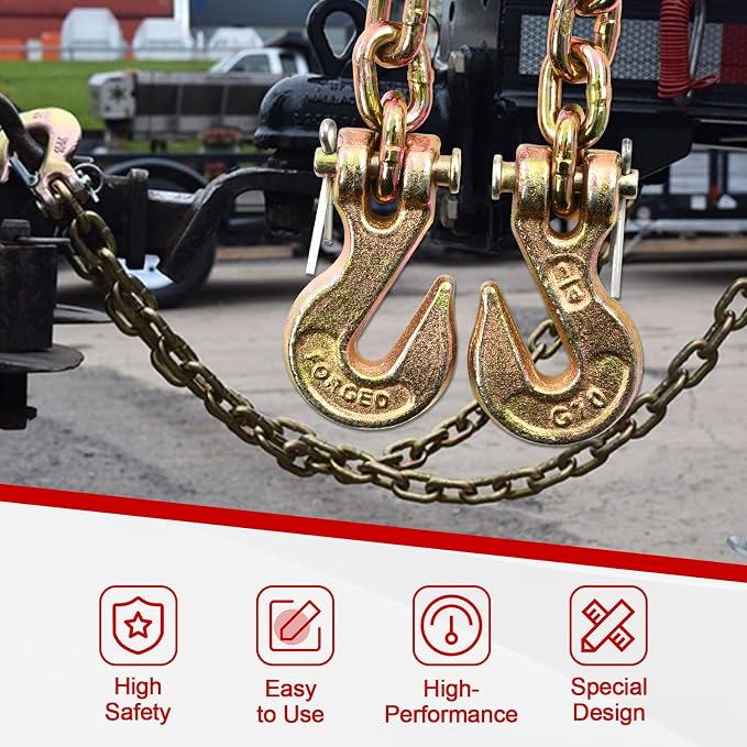 Heavy Duty G80 Transport Binder Chain 1/4'' Inch x 12 Feet,Tow Chain with G70 Clevis Grab Hooks,3300 lbs Safe Working Load Logging for Transporting, Towing(1/4'' x 12FT Yellow).