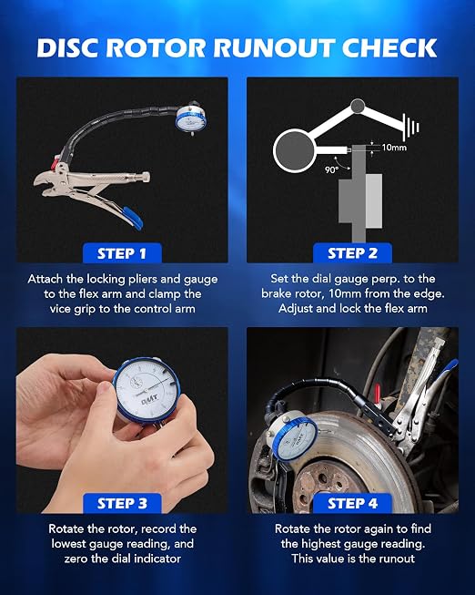 Orion Motor Tech Dial Gauge, for Brake Runout and Ball Joint, Clamping Dial Indicator with 7 in Locking Pliers & 360° Flexible Stem Holder, 0.01 mm Precision Automotive Dial Indicator