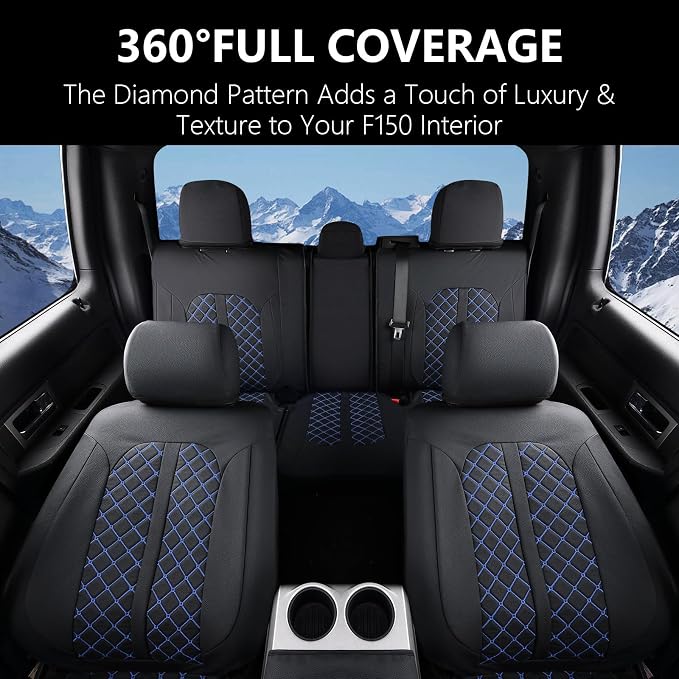 Truckiipa Leather Ford F150 Seat Covers Full Set, Waterproof Custom Automotive Seat Covers Fit for 2015-2026 Ford F150 SuperCrew, 2017-2026 F250 F350 F450 Super Duty Crew Cab, Full Set, Black&Blue