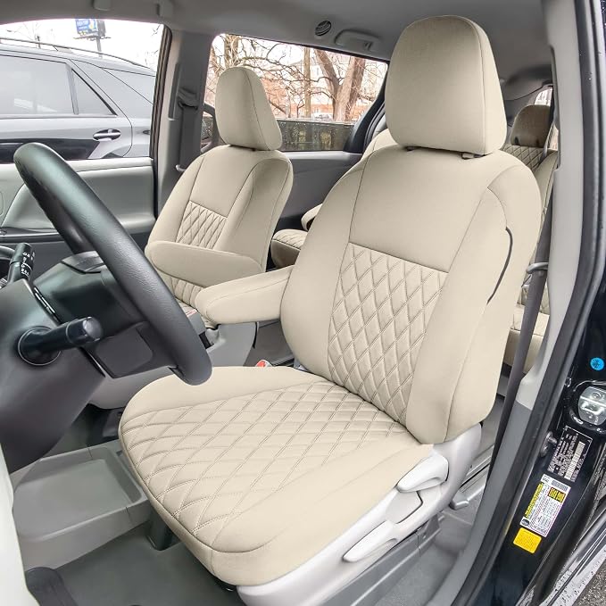 FH Group Custom Fit Car Seat Covers Specifically Made for 2011-2020 Toyota Sienna 7-8 Seater with Ultraflex Neoprene Water Resistant Automotive Seat Covers - Front Set Solid Beige