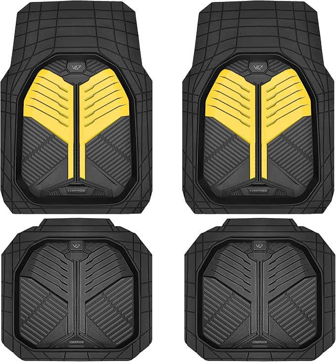 CAR PASS Heavy Duty Rubber Car Mats, Deep Dish Car Floor Mats All Weather, Car Mats Full Set 4-Piece Trim to Fit for Sedans SUVs Trucks, Waterproof Anti-Slip Automotive Mats, V12 Black and Yellow