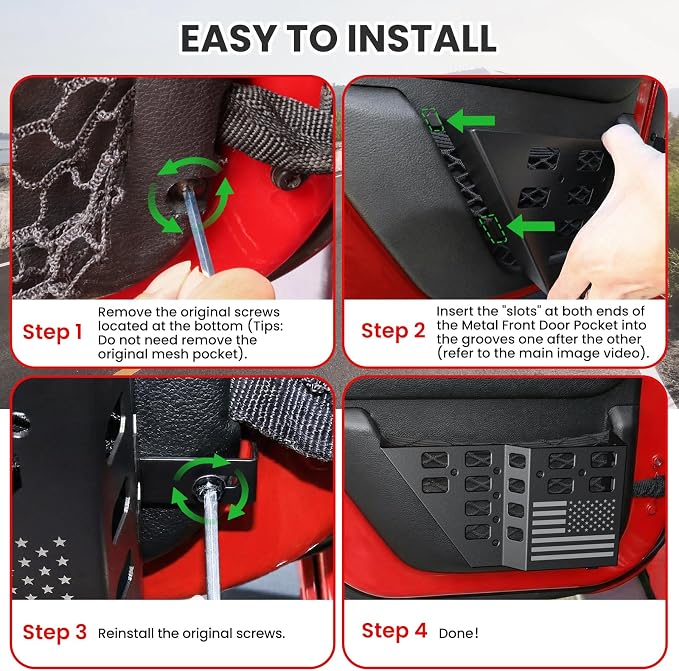 DIAMOOKY Metal Rear Door Pocket Storage Box for Jeep Wrangler JK JKU 2018 2017 2016 2015 2014 2013-2007 2/4 Door Accessories, Door Organizer Molle Panels, Flag, 2PCS