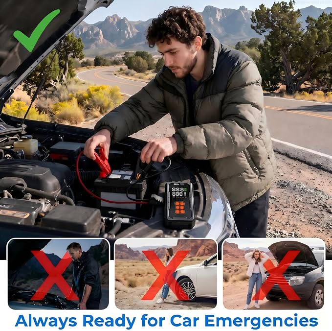 Jump Starter with Air Compressor 160PSI, 12V Car Battery Jumper Starter Portable (8.0L Gas/6.0L Diesel), Car Battery Charger Jump Box Cables with Auto-Shutoff Tire Inflator and LED Light, Black