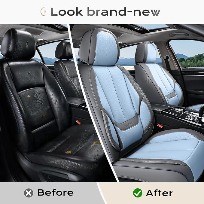 Coverado Seat Covers, Car Seat Covers Full Set, Leather Seat Covers for Cars, Car Seat Protector, Gray Car Seat Covers Front Seats and Back Seats Universal Fit for Most Cars Lightblue