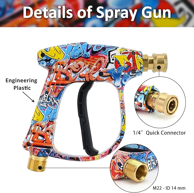 Pressure Washer Spray Gun M22-14 Max 3000 PSI with 1/4" Quick Connector Snow Foam Lance & 5 Spray Tips & Clip Nozzle Holder, Compatible for Some of Greenworks Kar-cher Ryobi Homelite Pressure Washer