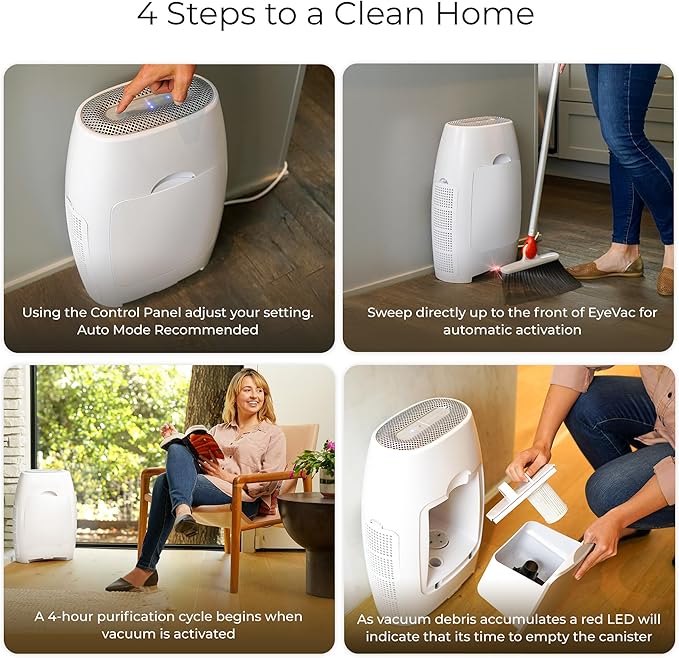 EyeVac Air 2-in-1 HEPA Air Purifier & Touchless Vacuum Automatic Dustpan - Ultra Fast & Powerful - Covers 600 Sq ft - Corded Canister Vacuum, Bagless, Automatic Sensors, 1000 Watt (White/White)