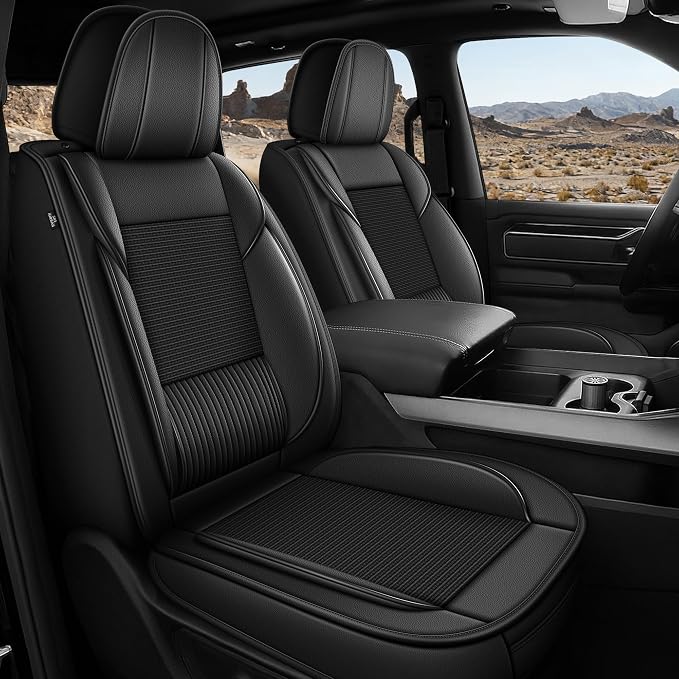 for Dodge RAM 1500 2500 3500 2012-2026 Front Seat Covers | Custom Fit Truck Faux Leather Ice Silk Bighorn Laramie Tradesman Cab, Breathable Cooling Seat Protectors (2 Front Set, Black)