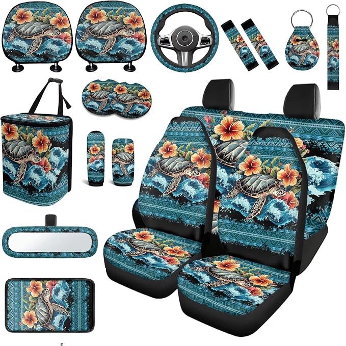 Navajo Sea Turtle Car Seat Covers Full Sets 18 Pieces Sea Turtle Car Interior Accessories Sets with Car Seat Belt Pads Cover Car Headrest Covers Steering Wheel Cover Vehicle Trash Bag