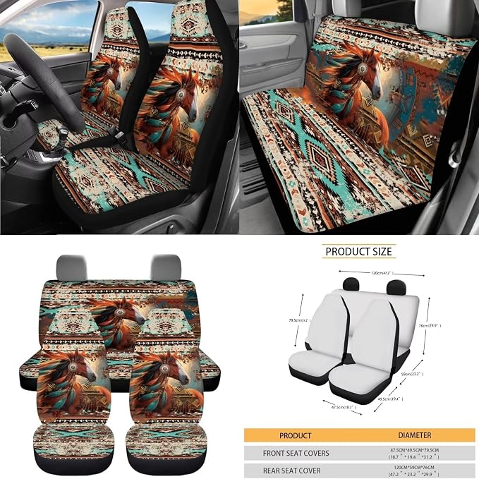 Dreaweet Navajo Car Seat Covers Full Set Tribal Horse Seat Covers with Steering Wheel Cover Seat Belt Pads Car Coaster Trash Can Air Vent Holder Rear View Mirror Cover Keychain Universal Fit