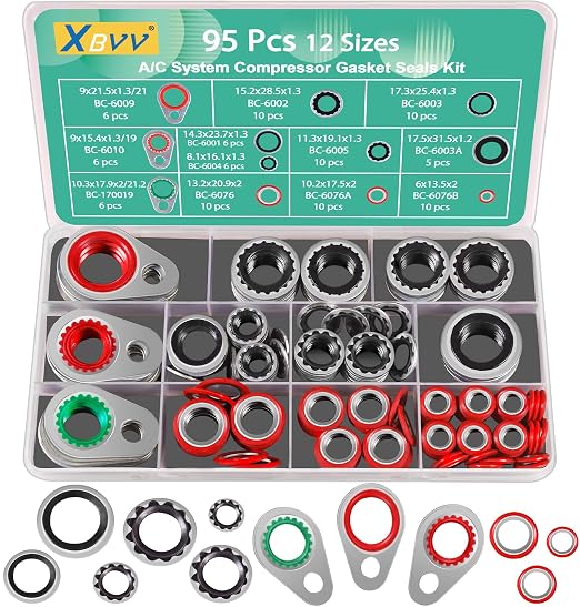 XBVV 95 PCS 12 Sizes Premium A/C Conditioning System Compressor Gasket Seal, Automotive Air Conditioning Compressor Port Seal Gasket Kit Bonded Gasket Seal Assortment Set