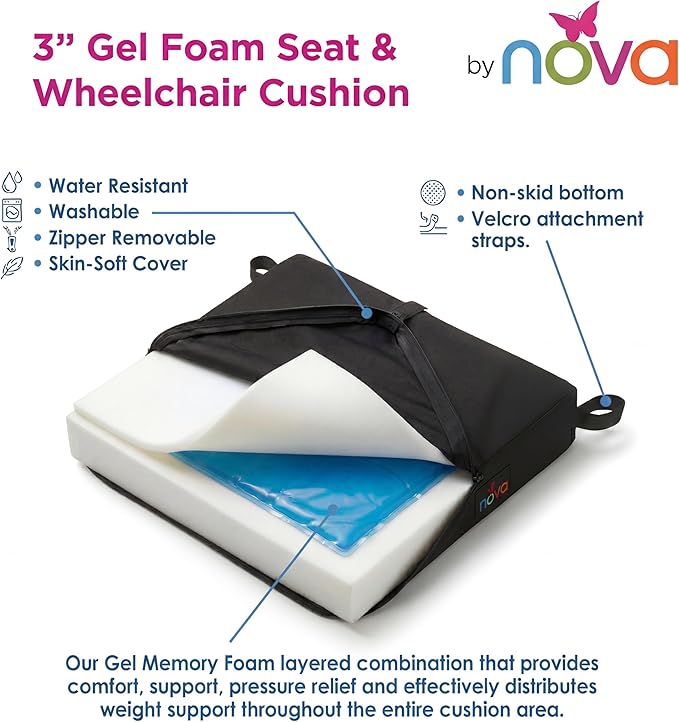 NOVA Gel & Memory Foam Seat & Wheelchair Cushion in 8 Sizes 3" Gel Foam Cushion for 24" X 18" Wheelchair