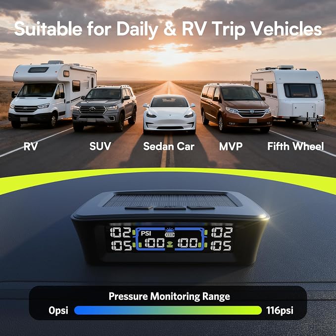 Tymate TM12 RV Tire Pressure Monitoring System, TPMS with USB/Solar Charge, 2026 Latest Version, Set of 4 Sensors(Max. 12), 6 Alarm Modes, 50ft Range, 0-144PSI for RV/Sedan/SUV/MPV/Truck/Older Vehicle