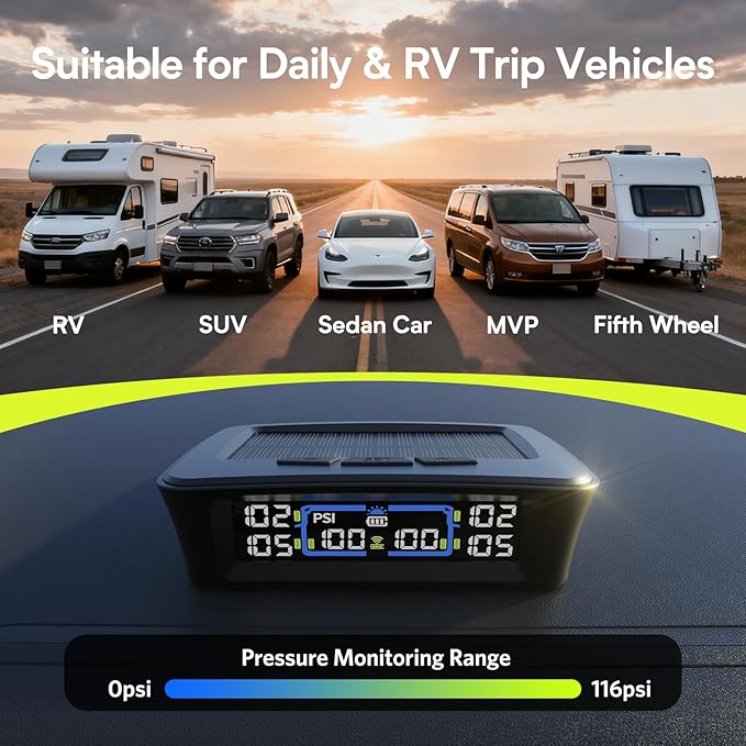 Tymate TM12 RV Tire Pressure Monitoring System, TPMS with USB/Solar Charge, 2026 Latest Version, Set of 6 Sensors(Max. 12)and Repeater, 6 Alarm Modes, 100ft Range, 0-144PSI for RV/Towing Large Trailer