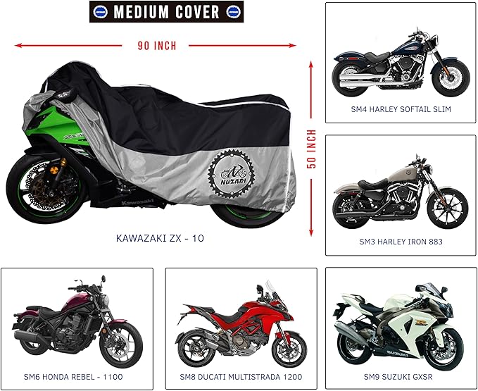 Heavy Duty Motorcycle Cover, Totally Breathable, Reflective Strips, Elastic Bottom, Luggage Strap, Lockable Grom, Durable Sewn Cutouts, Outdoor, Waterproof Cover (Black/Silver, Medium)