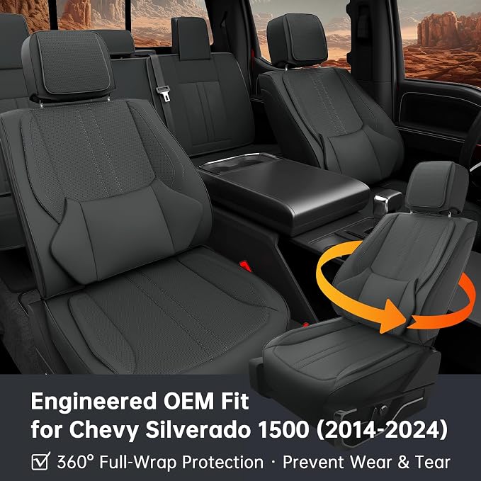 W&PMAX Custom-Fit Front Seat Covers for Chevy Silverado 1500 (2014–2019), Black Front Set, Waterproof Leather, Airbag Safe, Easy Install