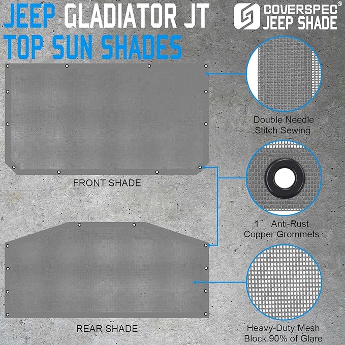 JT Top Sun Shade Roof Compatible with Jeep Gladiator 4 Door 2018 to 2023 Sunshade Sunroof Bikini Cover Blocks UV Wind Noise Gray Mesh for Front and Rear 2 pcs