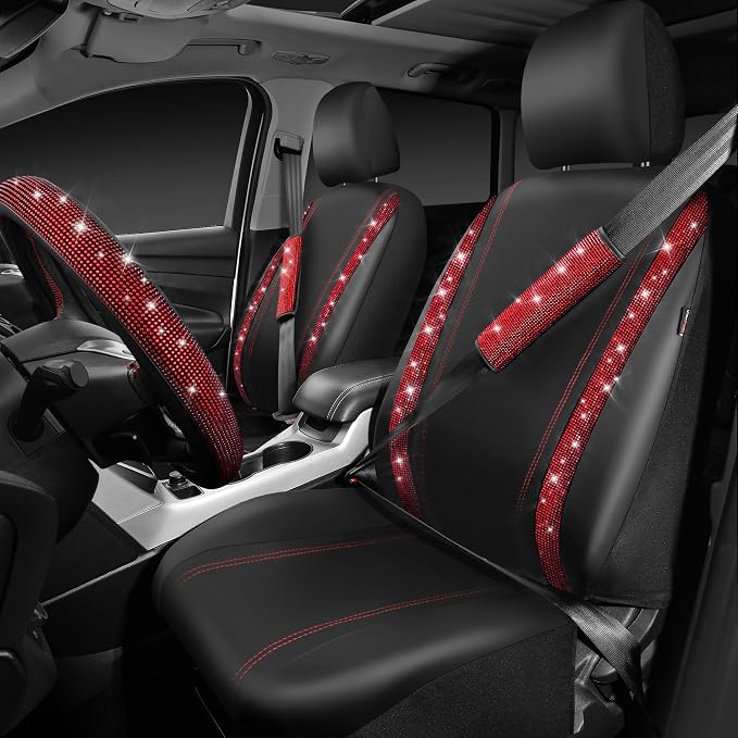 CAR PASS Diamond Bling Leather Seat Covers Set Car Floor Mats Glitter Rhinestone Steering Wheel and Car Interior Accessory Set for Women Red