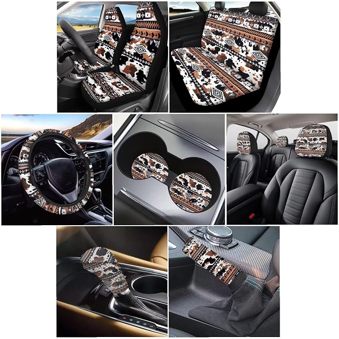 Wanyint Car Seat Cover Full Set 11 Pack, with Steering Wheel Gear Shift Knob Handbrake Headrest Protector Coasters Auto Accessories Decor Universal Fit, Aztec Cow Print Black Brown