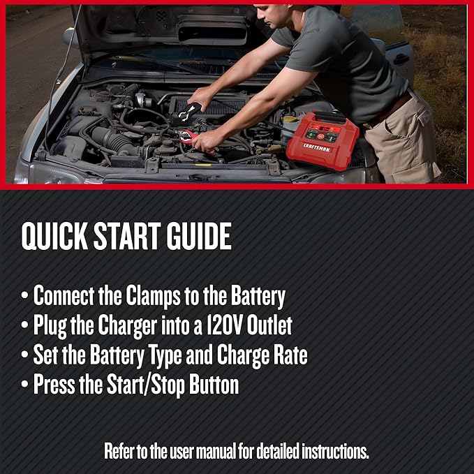 CRAFTSMAN 12A Car Battery Charger and Maintainer, 4-in-1 Solution, Battery Tester, for 6V/12V Power Sport, Automotive, and Marine Batteries, CMXCESM258