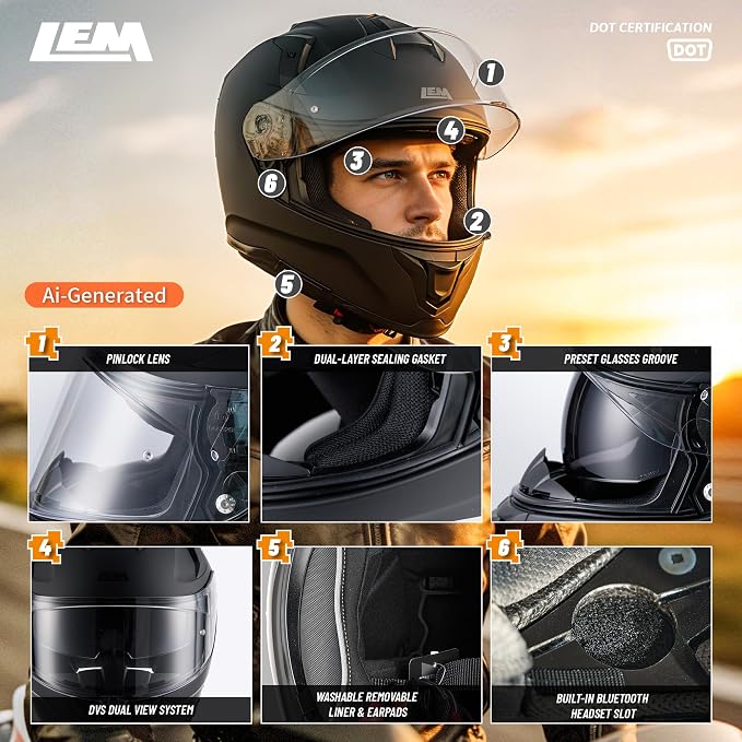 LEM Motorcycle Helmets Full Face for Men, Motorcycle Helmet for Adults, DOT Certified, PINLOCK & DVS Dual Vision, Motorcycle Street Bike Helmet, Bluetooth Speaker Pockets (Matte Black Small) VZN FP09