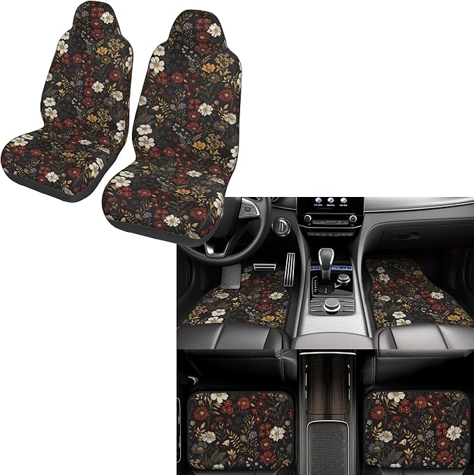 Floral Car Seat Cover Retro Daisy Car Floor Mats Bucket Seat Cover Brown Boho Flower Car Front Seat Cushion Full Set of 6 Cars Decor