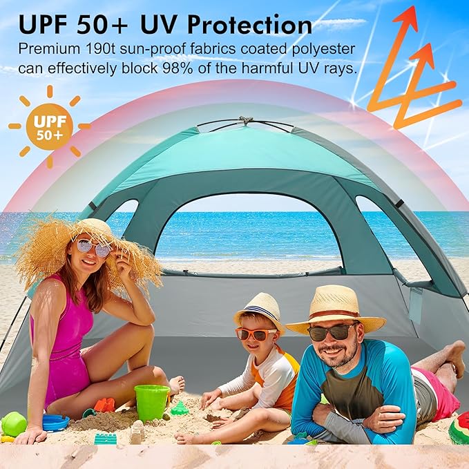 WhiteFang Beach Tent Anti-UV Portable Sun Shade Shelter for 3/4/6/8 Person, Extendable Floor with 3 Ventilating Mesh Windows Plus Carrying Bag, Stakes and Guy Lines