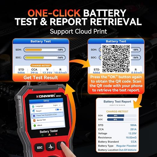 KONNWEI KW331 Car Battery Tester 6V/12V/24V with Cloud Report 10-2000CCA Lead-Acid, AGM, Lithium Battery Tester Automotive Alternator Tester Cranking Charging System for Car Truck Motorcycle Boat