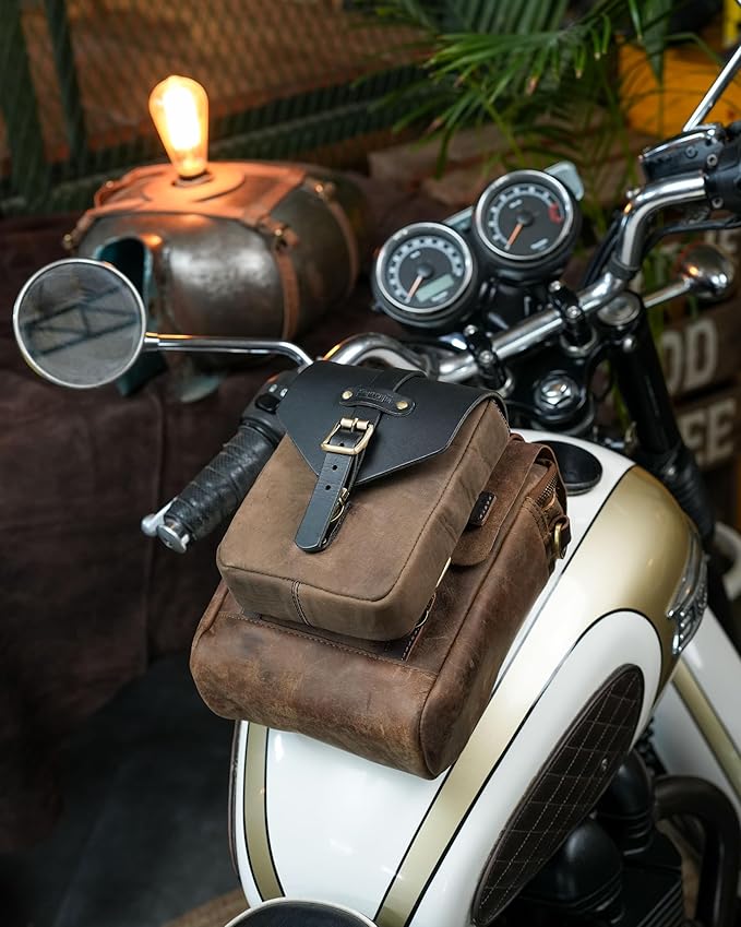 Trip Machine Company Genuine Leather Motorcycle Magnetic Fuel Tank & Tail Pillion Seat Mount Bag with Shoulder Strap and Rain Cover (Brown)