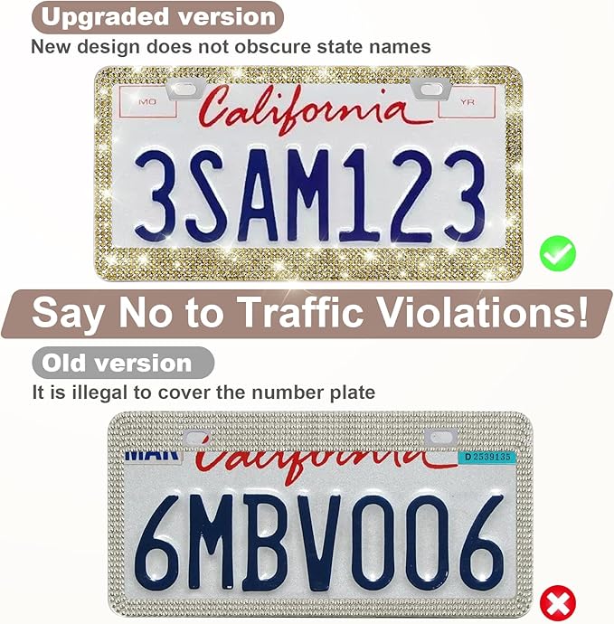 QUANQIUFEI 2 Pack Bling License Plate Frames for Women, Sparkly Rhinestone Diamond Car Accessories with Glitter Crystal Caps (Gold)