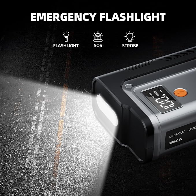 7000A Jump Starter, 12V Car Battery Booster Pack(All Gas/12.0L Diesel)，Car Starter Smart Jumper Cables with USB Fast Charging Power Bank, 800LM Flashlight